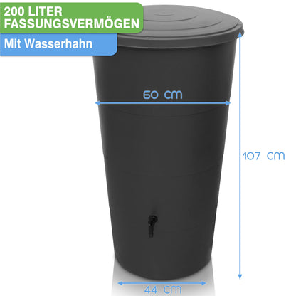 YourCasa Regentonne 200 L mit Wasserhahn und Anschlussset, Anthrazit