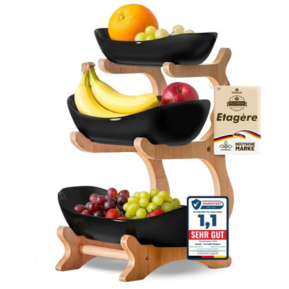 VANEJA Etagere 3-stöckig, Obstschale Keramik schwarz mit Bambusständer zum Servieren von Obst und Snacks