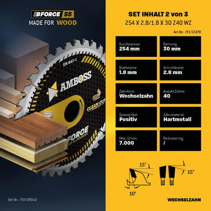 Ø254 x 30 Tisch- Kreissägeblatt Set passend für Bosch GTS 10, PTS 10, PTS 100 T, Festool TKS80, Scheppach HS105, Metabo TK250, TS254 - AMBOSS WERKZEUGE® 254x30 Sägeblatt Sortiment