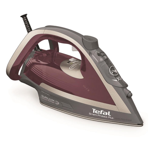 Tefal Smart Protect Plus Dampfbügeleisen - FV6870 Weinrot. Keilförmig mit spitzer Bügelsohle. Glättet Textilien schonend und sicher.