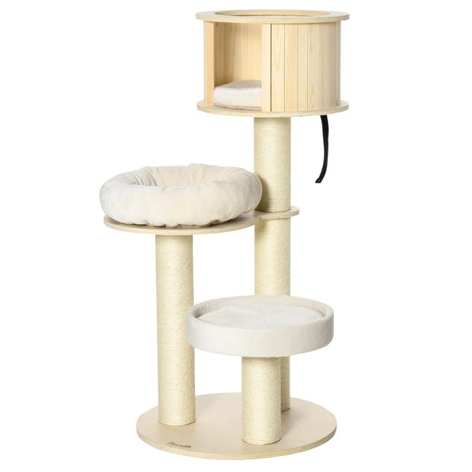 PawHut Kratzbaum Holz 122 cm – 3 Ebenen Katzenturm Natur/Creme
