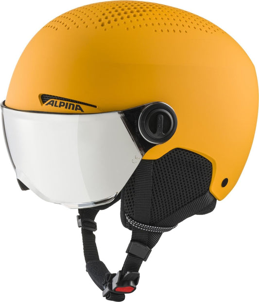 Alpina Kinder Zupo Visor Skihelm - Burned Yell 51-55 cm. Gelber Skihelm mit Visier für Kinder. Schützt den Kopf beim Skifahren.
