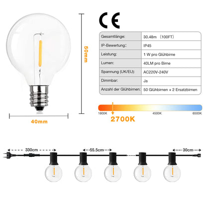 GPATIO LED Lichterkette aussen 30 m mit 50+2 G40 Glühbirnen, IP45