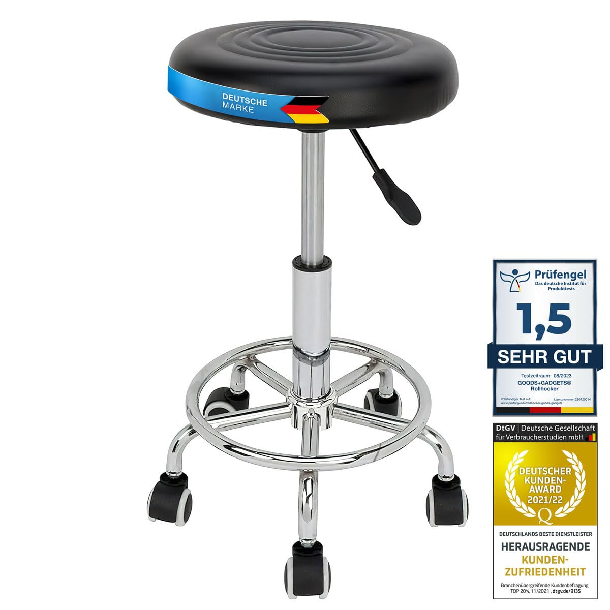 GOODS+GADGETS Arbeitshocker Rollhocker höhenverstellbar, schwarz – Sitz aus Kunstleder, verchromtes Fusskreuz