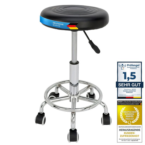 GOODS+GADGETS Arbeitshocker Rollhocker höhenverstellbar, schwarz – Sitz aus Kunstleder, verchromtes Fusskreuz