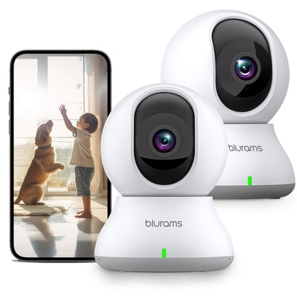 blurams Überwachungskamera Innen WLAN 2K 360° - 2er Pack: Zwei weiße, kompakte Kameras für 2K-Innenraumüberwachung mit 360°-Sichtfeld.