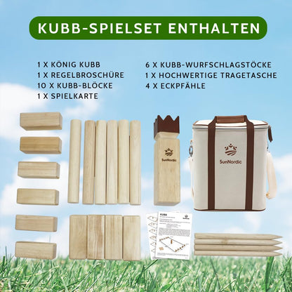 SunNordic Kubb Wurfspiel Set aus Gummibaumholz mit Tragetasche
