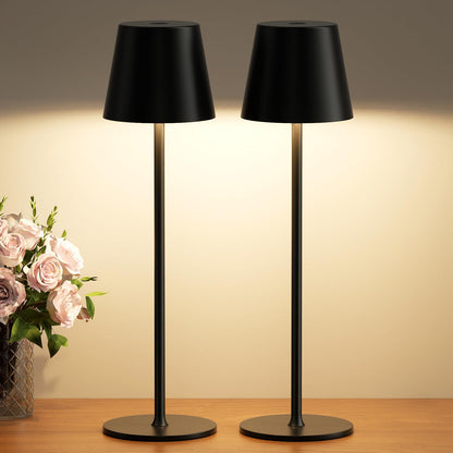 PreeOtti Akku LED Tischlampe kabellos 2er Set, Touch dimmbar, schwarz – LED-Tischleuchte mit rundem Schirm und Metallsockel
