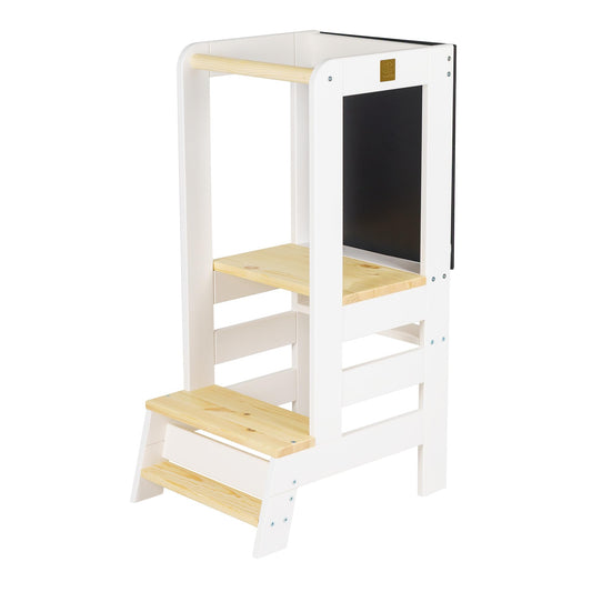 MEOWBABY Lernturm Montessori für Kinder Höhenverstellbar - Weiss-Natur. Weiß-naturfarbener Lernturm, ermöglicht Kindern sicheres Erreichen von Arbeitsflächen.