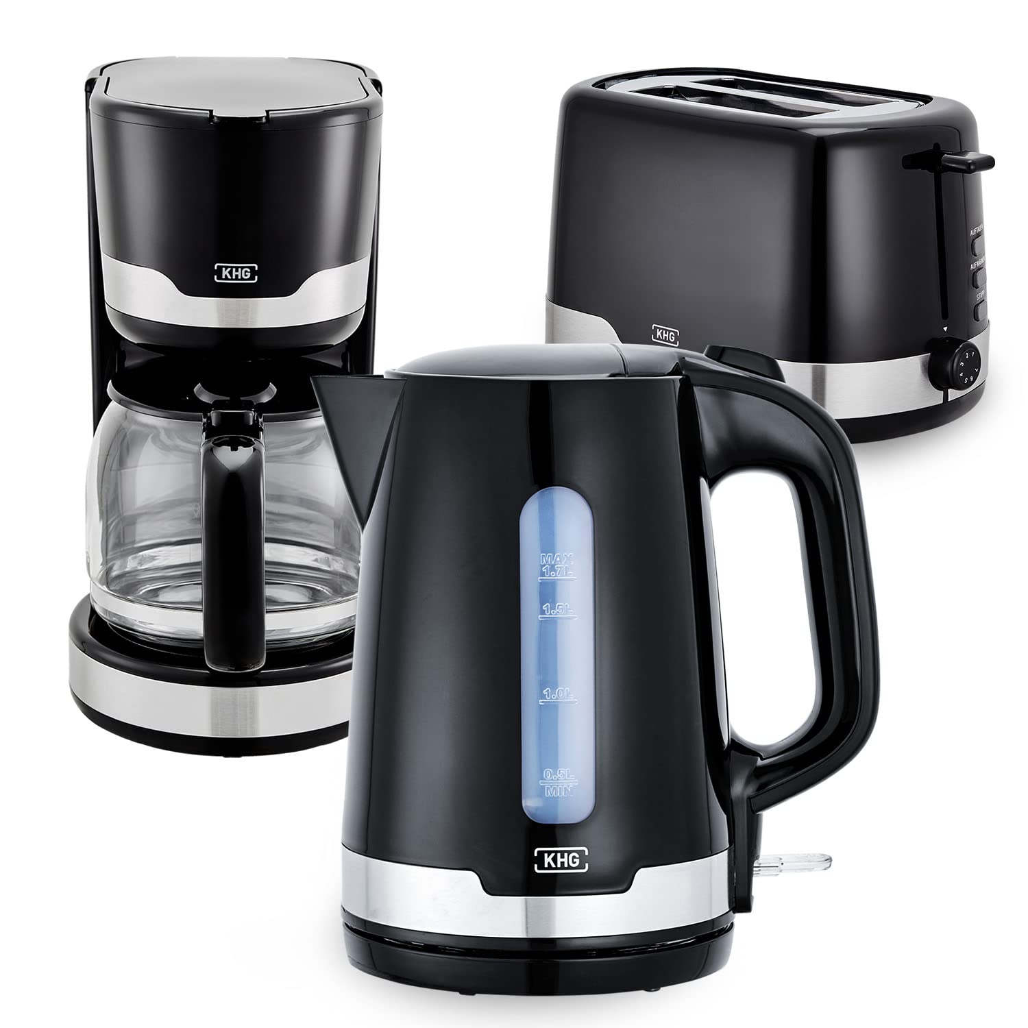 KHG Frühstücksset Wasserkocher Toaster Kaffeemaschine 3-teilig - Schwarz. Schwarzes 3-teiliges Set zur Zubereitung von Kaffee, Tee und Toast für das Frühstück.