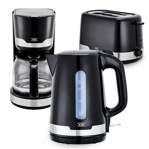 KHG Frühstücksset Wasserkocher Toaster Kaffeemaschine 3-teilig - Schwarz. Schwarzes 3-teiliges Set zur Zubereitung von Kaffee, Tee und Toast für das Frühstück.