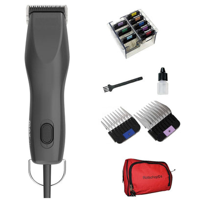 Rotschopf24 Edition Profi Hunde Schermaschine MAX 50+ - Komplett-Set. Ergonomisch geformte, schwarze Schermaschine zum professionellen Scheren von Hundefell.