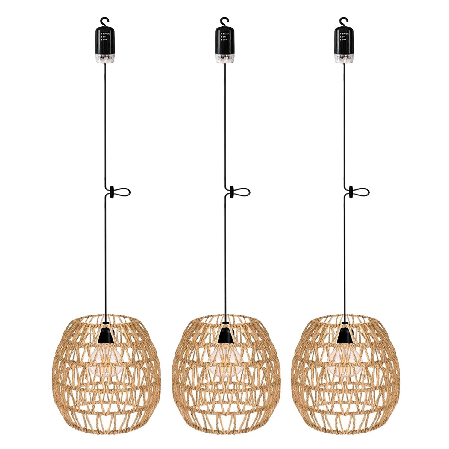 EcoGehen Rattan Hängelampe, batteriebetrieben, 3er-Set, IP66