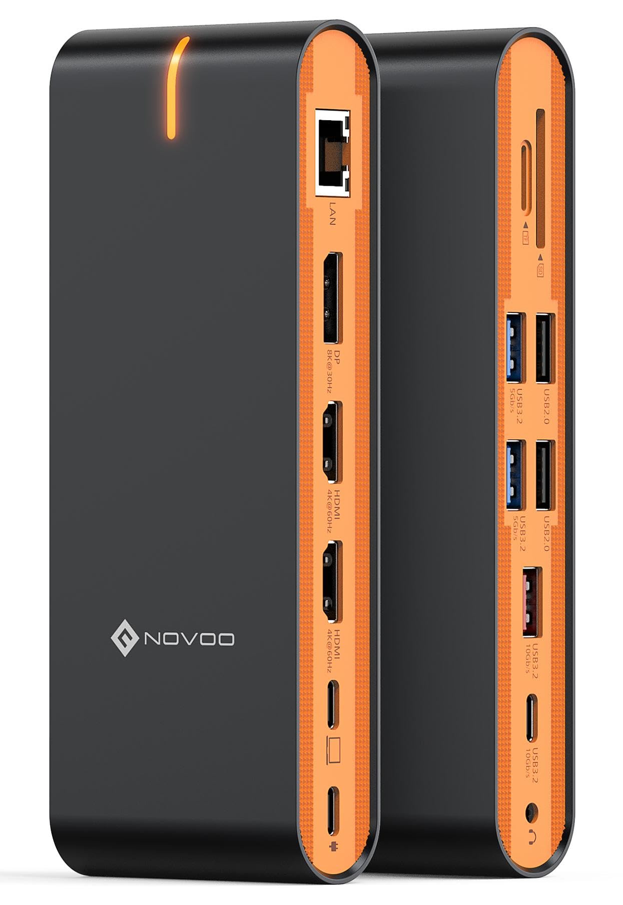 NOVOO 15-in-1 USB C Docking Station - Triple Monitor, 100W PD: Rechteckig, schwarz. Erweitert Laptop um Triple Monitor und 100W PD.