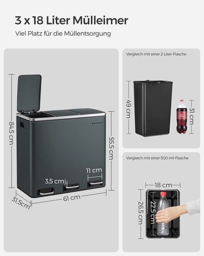 SONGMICS LTB54GS Mülleimer Küche, 3 x 18 L Treteimer, grüngrau