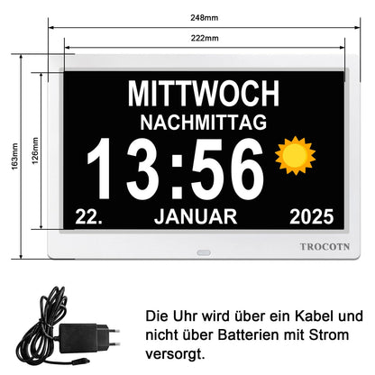 TROCOTN Digitale Kalenderuhr 10 Zoll, Tagesuhr für Senioren, Weiss