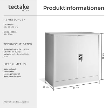 tectake Metall Aktenschrank abschliessbar grau 90x40x90 cm