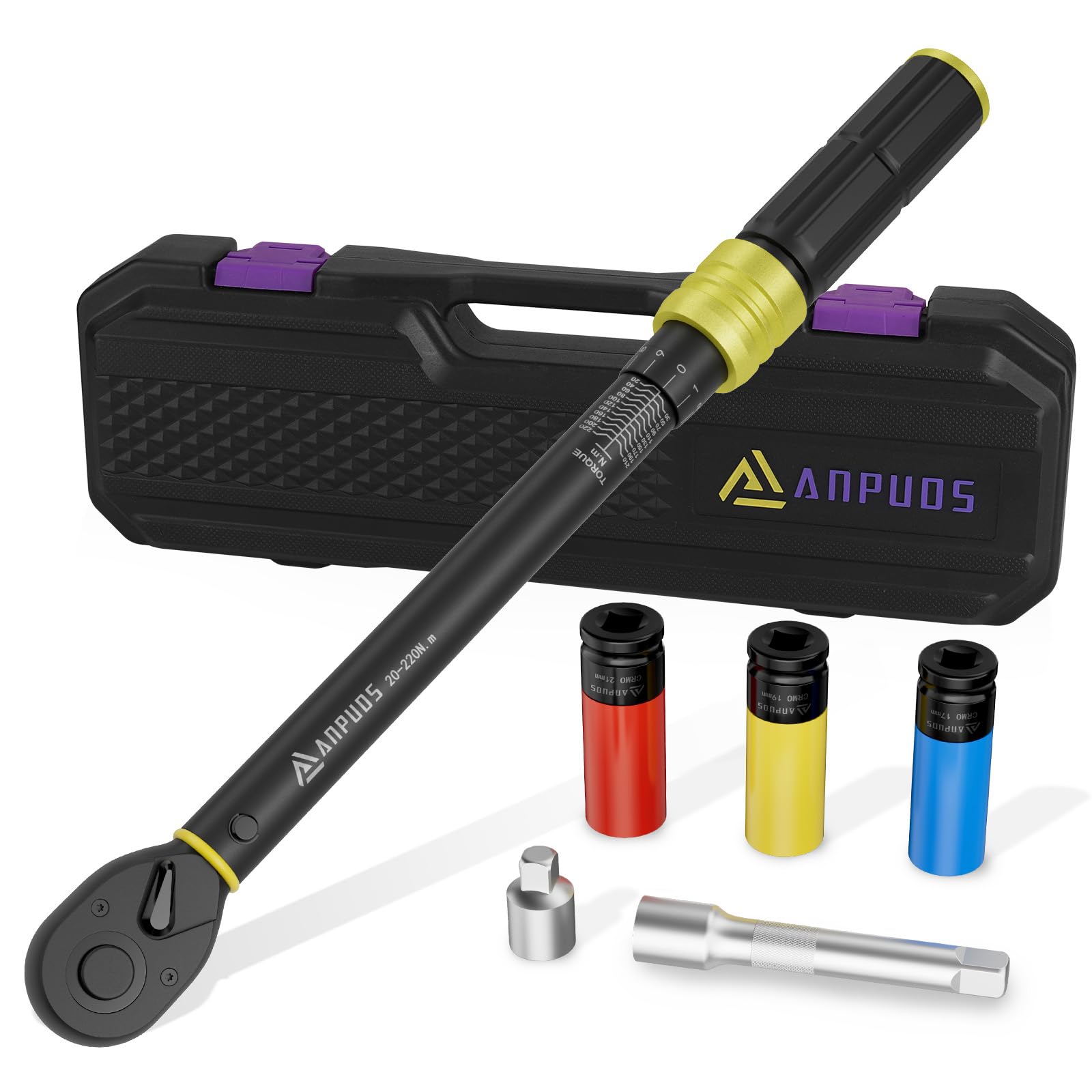 ANPUDS Drehmomentschlüssel 1/2 Zoll 20-220 Nm Set mit Stecknüssen, Verlängerung und Adapter