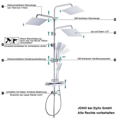 JOHO Edelstahl Duschsystem - Regendusche Chrom 30x30cm ohne Armatur