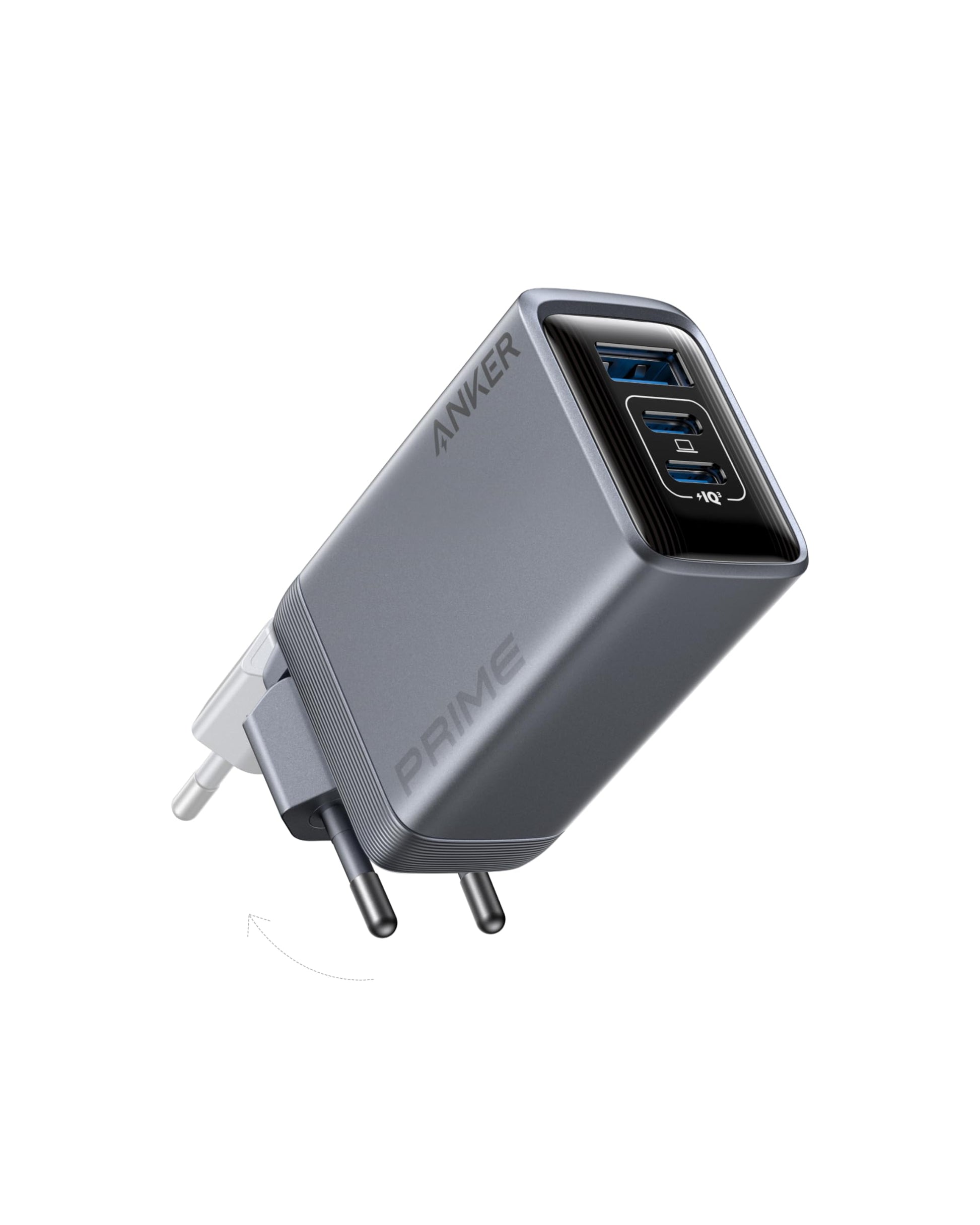Anker Prime 100W GaN USB-C Wandladegerät - 3 Port, faltbar. Kompaktes, schwarzes Ladegerät für 3 USB-C-Geräte.