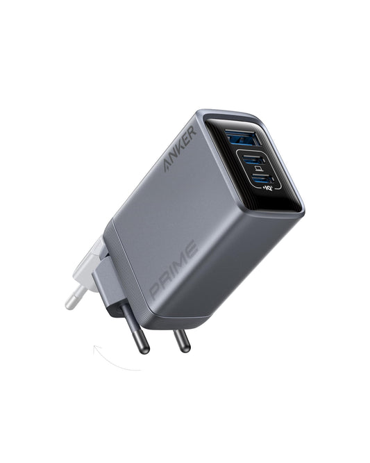 Anker Prime 100W GaN USB-C Wandladegerät - 3 Port, faltbar. Kompaktes, schwarzes Ladegerät für 3 USB-C-Geräte.