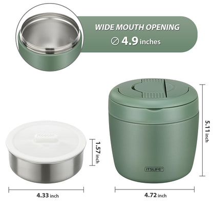 Itslife Thermobehälter für Essen 970 ml Edelstahl mit Löffel, Grün