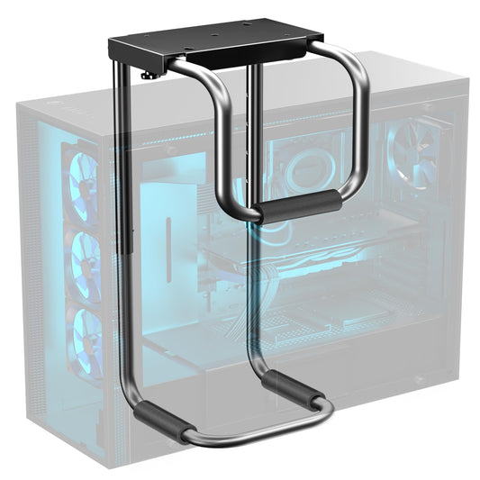 Robuste verstellbare PC-Halterung Unterbau – Schwarz. Schwarzes, verstellbares Gestell zur Befestigung eines Desktop-PCs unter dem Schreibtisch.