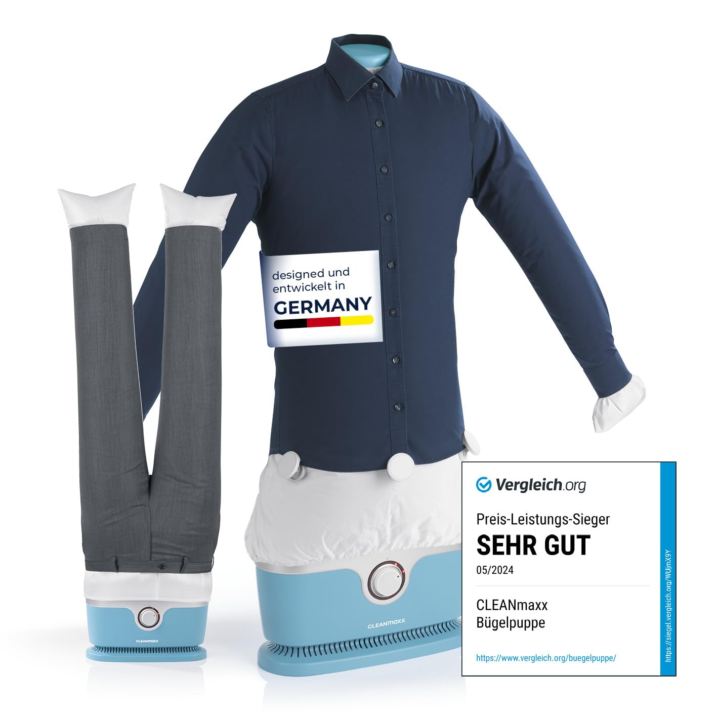 CLEANmaxx Automatischer Hemdenbügler – Bügelsystem inkl. Hosenaufsatz. Bügelform glättet Hemden und Hosen automatisch.