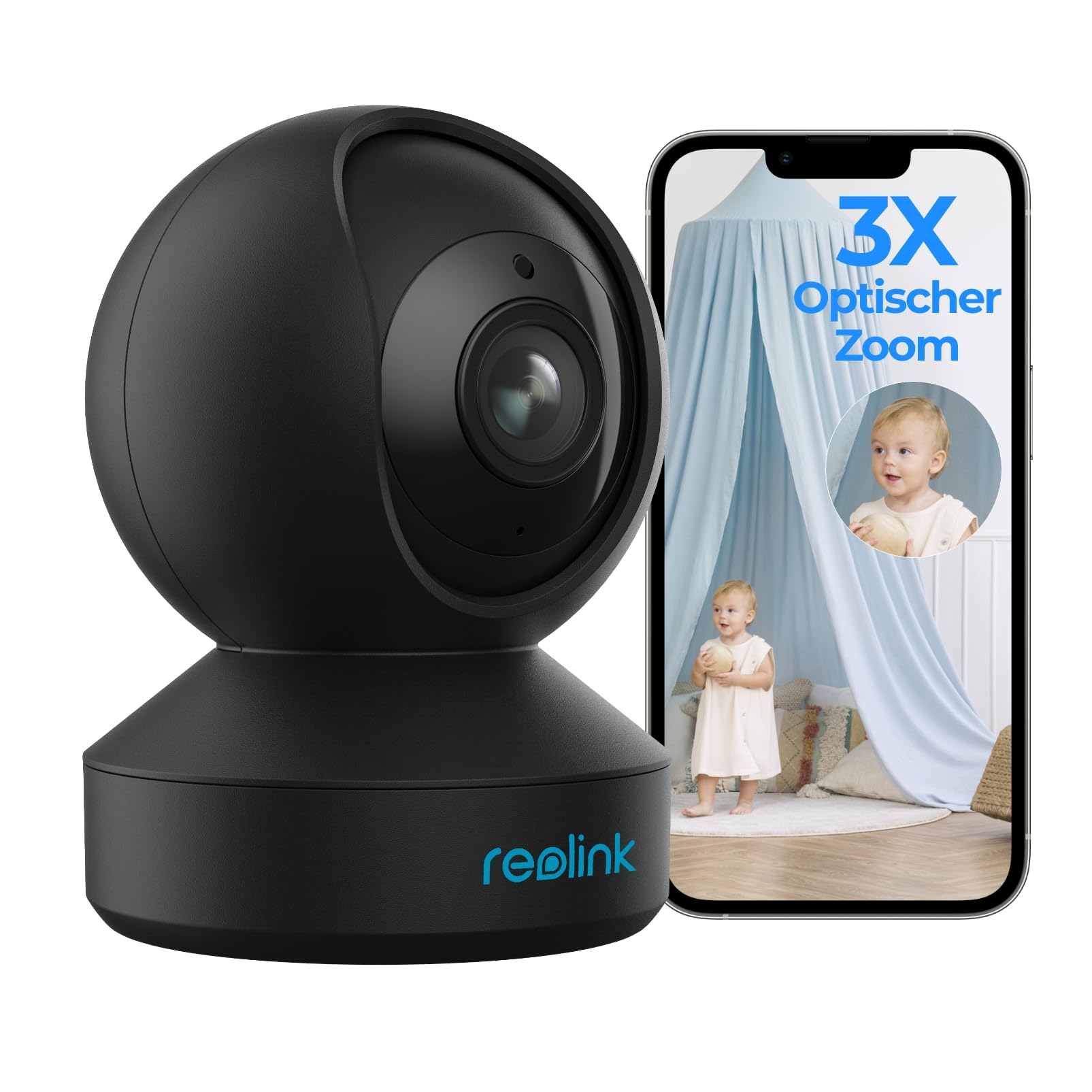 Reolink E1 Zoom 5MP PTZ WLAN Überwachungskamera Innen - Schwarz. Kugelförmig, überwacht Innenräume flexibel per PTZ.