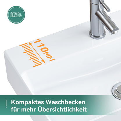 HOROW Rechteck Hängewaschbecken Keramik - Weiss 46x30cm ohne Überlauf