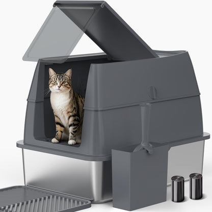 FURTIME XXL Katzenklo Edelstahl – geschlossen mit Deckel. Katzenklo aus Edelstahl mit Deckelhaube zur hygienischen Exkrementenaufnahme.