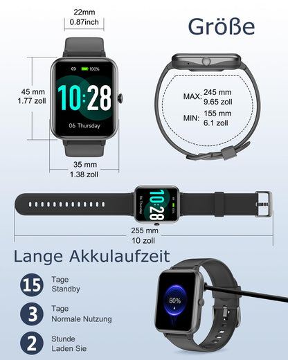 GRV FC1 Smartwatch mit Telefonfunktion, 1,85" HD-Display, IP68