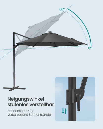 SONGMICS Ampelschirm 300 cm, Sonnenschirm mit Solar-LED, UPF 50+, grau