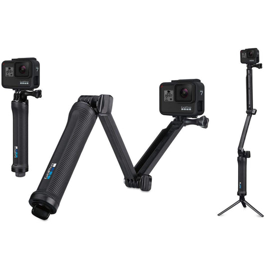 GoPro 3-Wege Halterung, schwarz und faltbar. Ermöglicht den Einsatz als Stativ, Griff oder Schwenkarm für flexible Kameraführung.