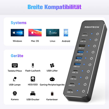 RSHTECH 10 Port USB-C Hub mit Netzteil – USB 3.2/3.0