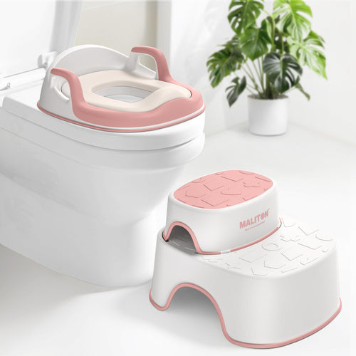 Maliton Toilettensitz für Kinder mit 2-stufigem Tritthocker, rosa, weicher PU-Sitzring, Griffe