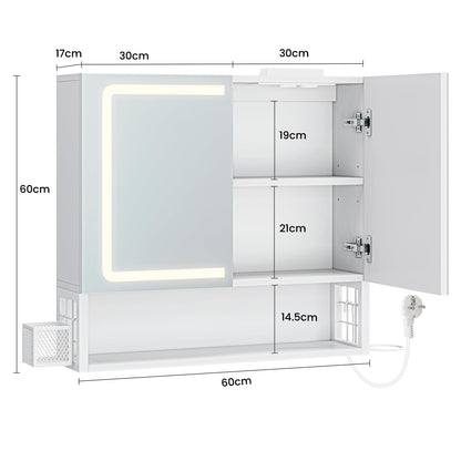 FORABAMB Spiegelschrank mit LED-Beleuchtung, doppeltürig, 60 cm, weiss