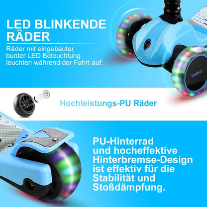 YOLEO Kinderroller Dreiradscooter mit Leuchträdern, faltbar, blau