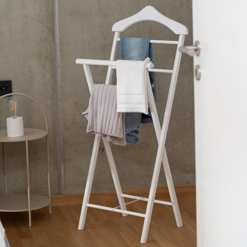 Staboos Stummer Diener klappbar Massivholz – Weiss. Weißer klappbarer Massivholz-Kleiderdiener. Für knitterfreie Aufbewahrung von Anzügen und Kleidung.