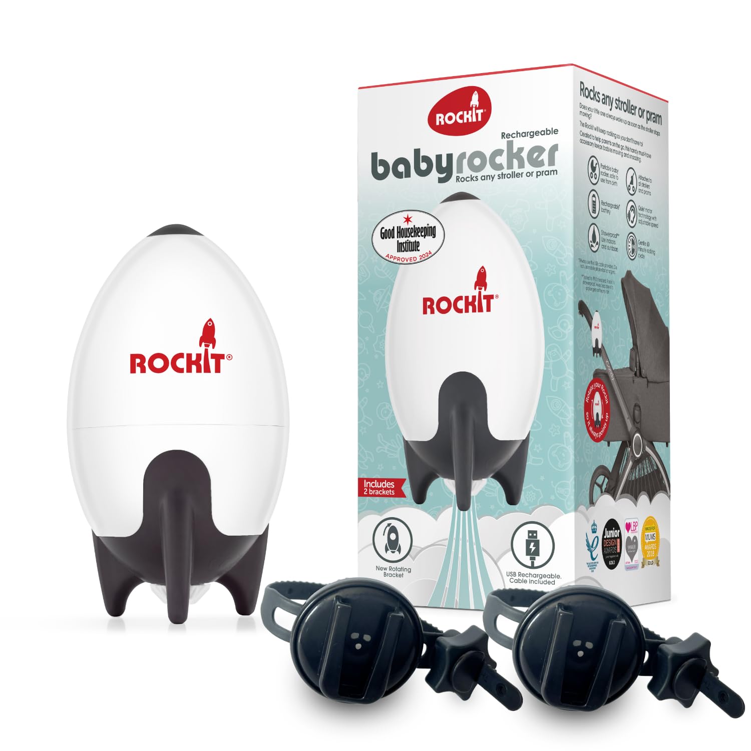 ROCKIT Kinderwagenschaukler Set RR-02x2, Einschlafhilfe mit USB-C – mit zwei Halterungen für Kinderwagen und Buggy