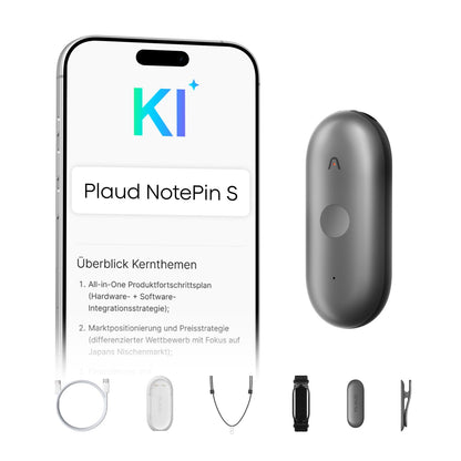 Plaud NotePin S Diktiergerät mit KI-Transkription, Grau, kompakter Voice Recorder mit taktiler Aufnahmetaste