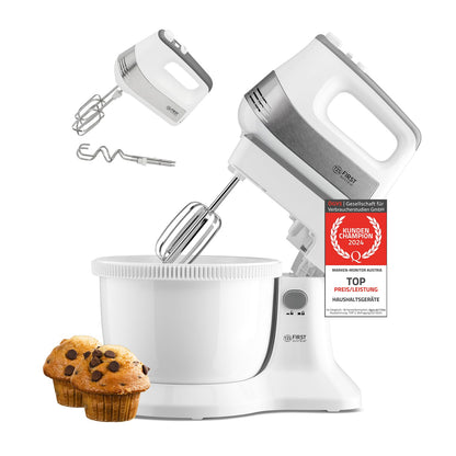 TZS First Austria Handmixer FA-5257-3, 2-in-1 Standmixer, 500 W mit Kunststoffschüssel und Edelstahl-Knethaken