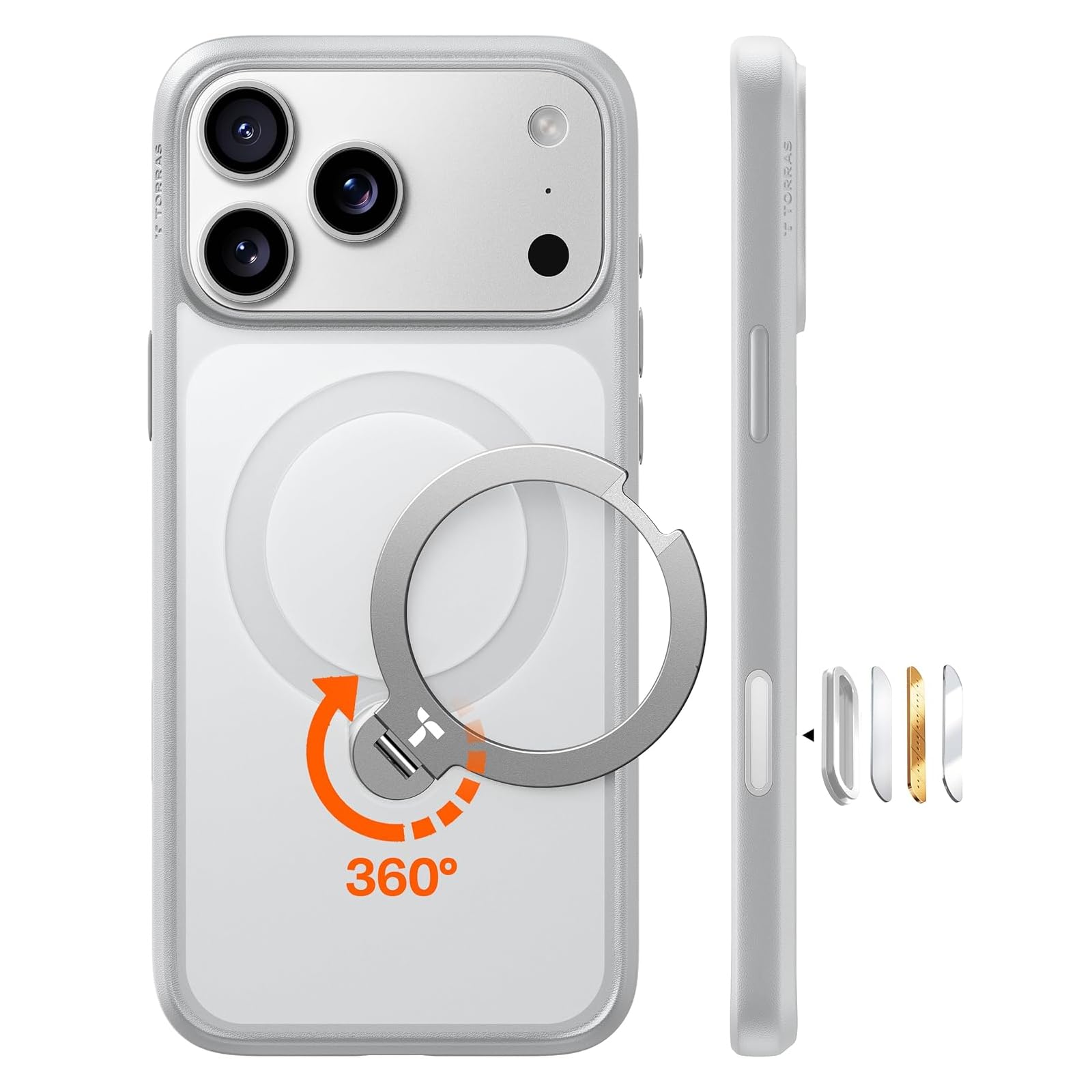 TORRAS Ostand Q3 Spin Hülle für iPhone 17 Pro mit Ständer, Silbergrau, matte Rückseite