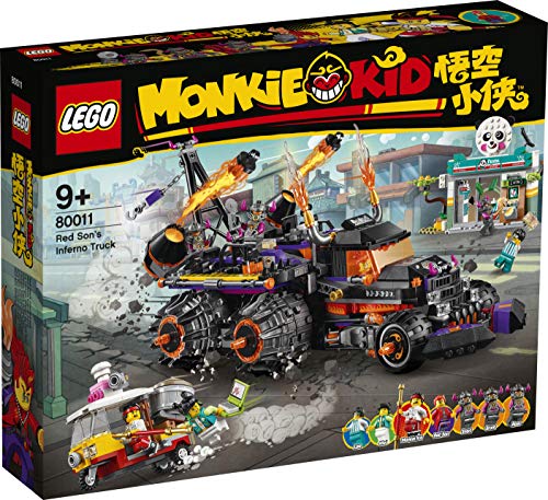 LEGO Monkie Kid Red Sons Inferno-Truck: Roter, bulliger Spielzeug-Truck mit Flammen-Details. Dient als mobile Kommandozentrale für actionreiche Rollenspiele.
