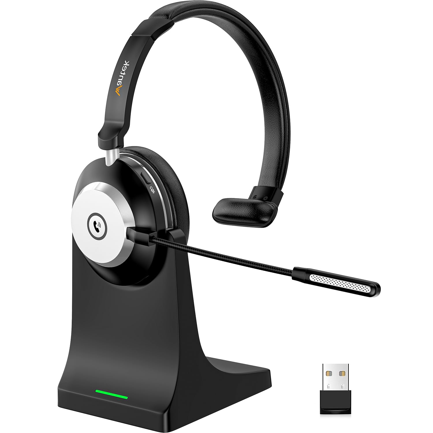 Wantek Bluetooth Headset mit Mikrofon, V5.2 und USB-Dongle, kabellos mit drehbarem Mikrofon und Ladestation