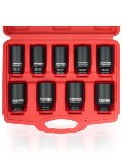 DAYUAN Achsmutter-Stecknuss-Set YT-97959, 1/2 Zoll, 29-38 mm, 9-teilig, Sechskant-Nüsse aus Chromstahl