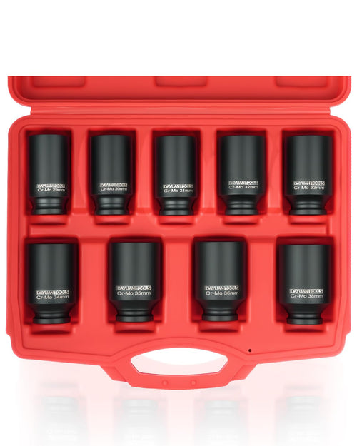 DAYUAN Achsmutter-Stecknuss-Set YT-97959, 1/2 Zoll, 29-38 mm, 9-teilig, Sechskant-Nüsse aus Chromstahl