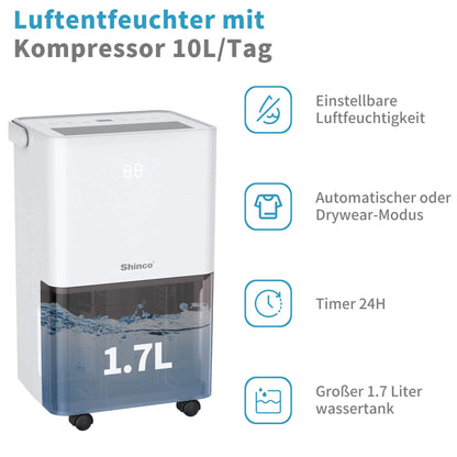 Shinco Luftentfeuchter Elektrisch 10L mit Feuchtigkeitssensor