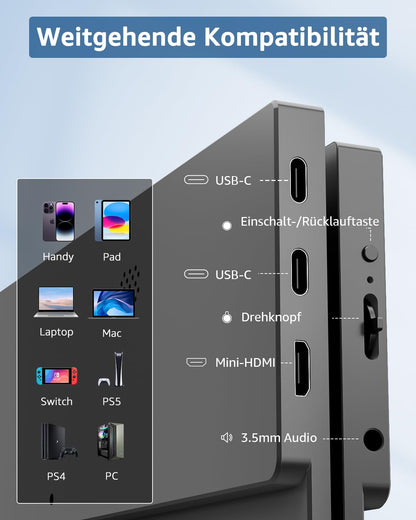 Yodoit Tragbarer Monitor 16" FHD IPS USB-C für Laptop PC