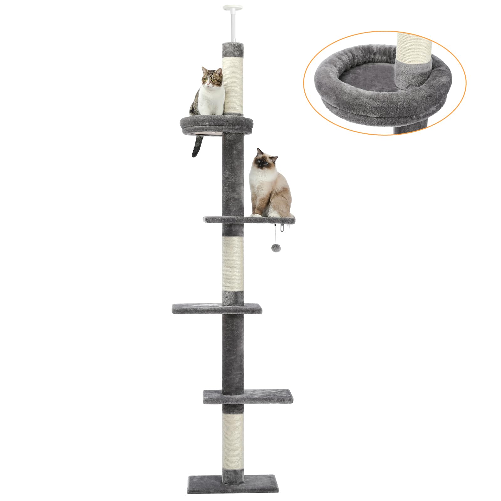 PAWZ Road Katzenbaum deckenhoch, 5 Ebenen, höhenverstellbar, grau, mit Sisal-Kratzstämmen und Plüschplattformen